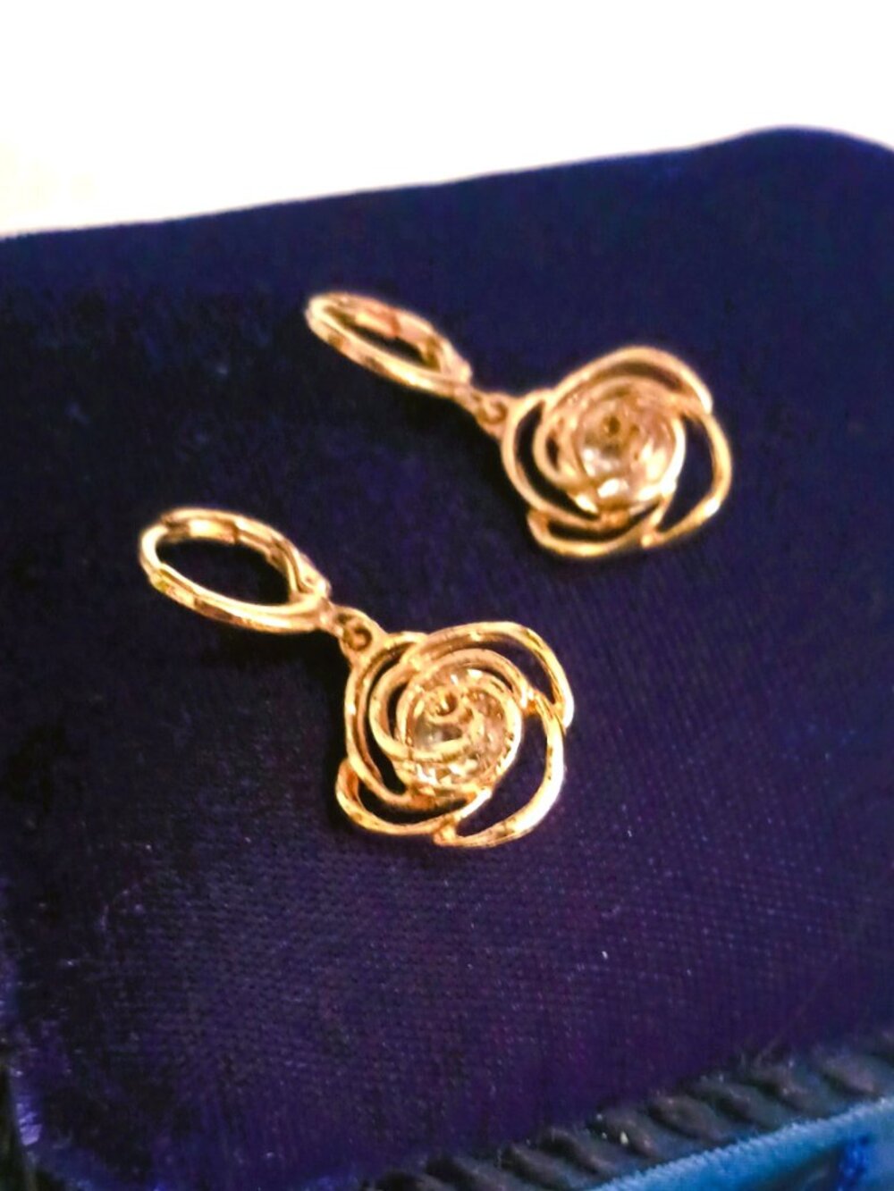 Open Work Rose Lever Back Earrings Women's Gold Tone with Rhinestone Center
